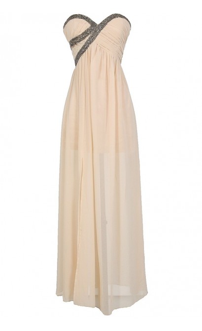 Silver Embellished Chiffon Designer Maxi Dress in Cream